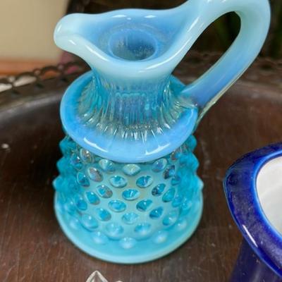 Blue mini glass lot with hob knob mini pitcher