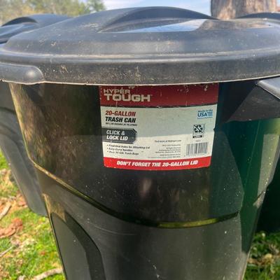 Four Hyper Tough 20 Gallon Garbage Cans & One large Plastic Container, (BY-MG)