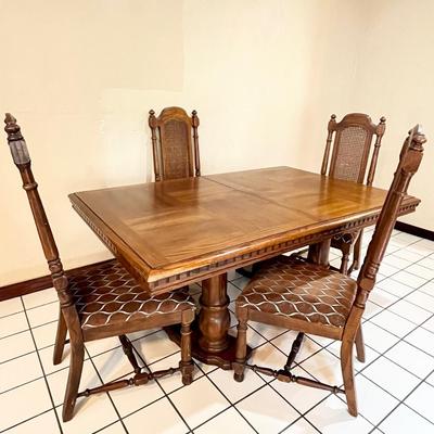 Solid Wood Inlaid Dining Table & Four (4) Cane Back Chairs ~ *Read Details