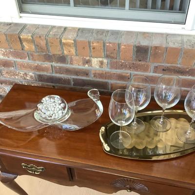 Gorgeous glass decor piece, tray, stemware