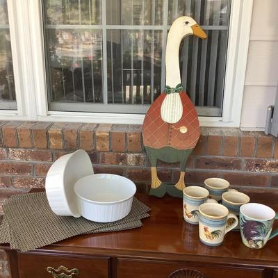 Corningware, placemats, goose, rooster cups