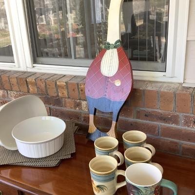 Corningware, placemats, goose, rooster cups