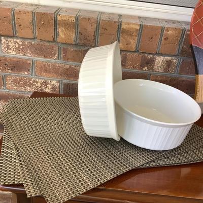 Corningware, placemats, goose, rooster cups