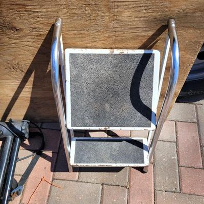 Vintage Peterson antique Folda Step ladder and collapsible adjustable bike carrier.