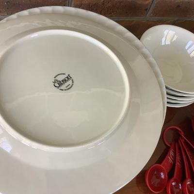 Gibson dinnerware 12 salad/dessert plates, 10 bowls, 12 plates, measuring spoons/cups