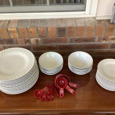 Gibson dinnerware 12 salad/dessert plates, 10 bowls, 12 plates, measuring spoons/cups