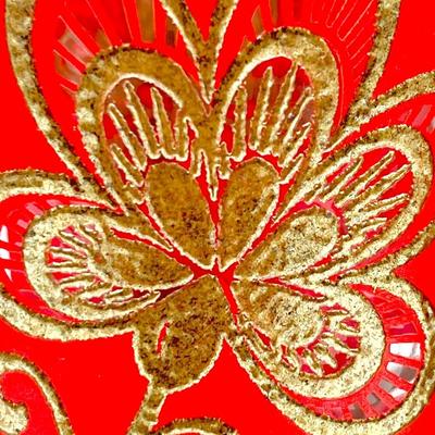 LIBBEY ~ Vtg. Red & Gold Embossed Floral Highballs ~ Set Of Eight (8)