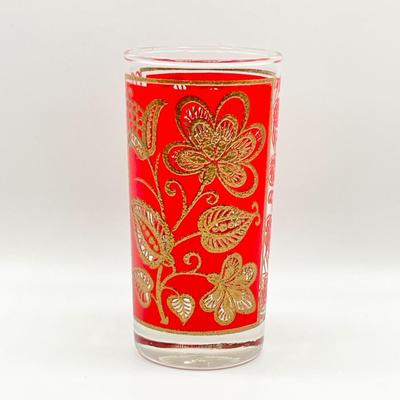 LIBBEY ~ Vtg. Red & Gold Embossed Floral Highballs ~ Set Of Eight (8)