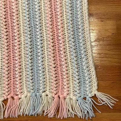 1970s Pink Blue White Crocheted Blanket