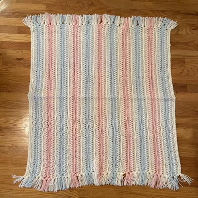 1970s Pink Blue White Crocheted Blanket