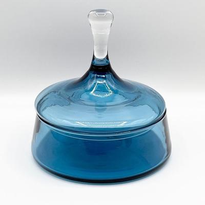 Vtg. Blue Glass Covered Candy Dish