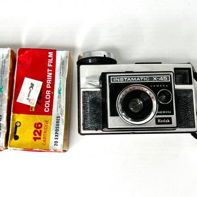 Kodak Instamatic X-45 Film Camera with Case and 2 Boxes of Unopened Film and Original Instruction Pamphlet