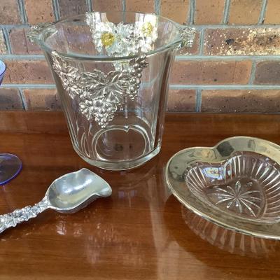 6 colorful glasses, ice bucket, heart dish