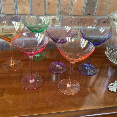 6 colorful glasses, ice bucket, heart dish