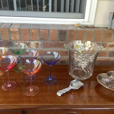 6 colorful glasses, ice bucket, heart dish