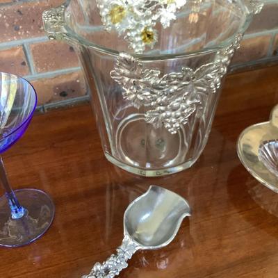 6 colorful glasses, ice bucket, heart dish