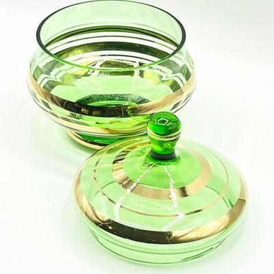 MCM Bohemian Emerald & Gold Glass Lidded Candy Dish