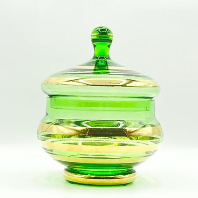 MCM Bohemian Emerald & Gold Glass Lidded Candy Dish