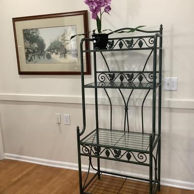 Metal & glass bakerâ€™s rack, 4 shelves, 3 with glass 65â€H 27â€W 18â€depth