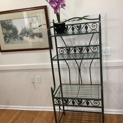 Metal & glass bakerâ€™s rack, 4 shelves, 3 with glass 65â€H 27â€W 18â€depth