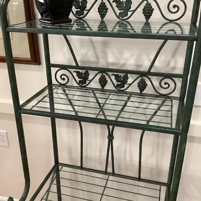 Metal & glass bakerâ€™s rack, 4 shelves, 3 with glass 65â€H 27â€W 18â€depth