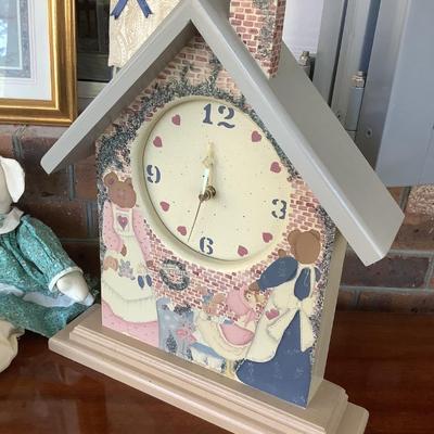 Bunnies, birdhouse with paper towels, bear clock