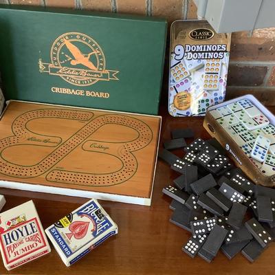 Game lot Eddie Bauer cribbage, puzzles, dominoes, cards