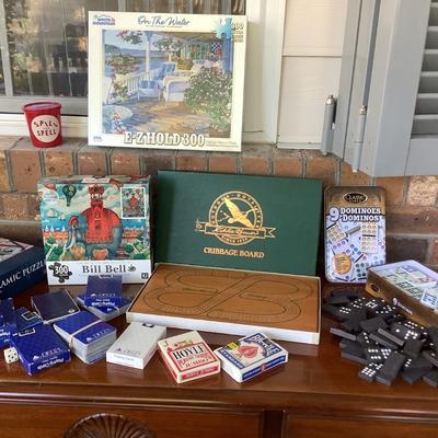 Game lot Eddie Bauer cribbage, puzzles, dominoes, cards
