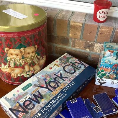 Game lot Eddie Bauer cribbage, puzzles, dominoes, cards