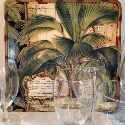 Palm platter, stemware, cutting board