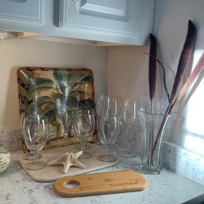 Palm platter, stemware, cutting board