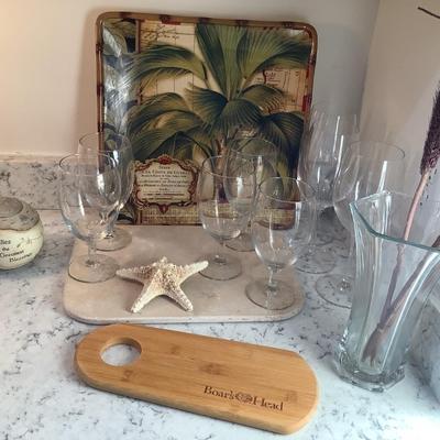 Palm platter, stemware, cutting board