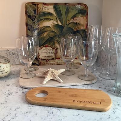 Palm platter, stemware, cutting board