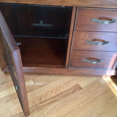 Bernhardt cabinet 3 drawer, 2 door with glass shelves 26â€H 56â€W 24â€ depth