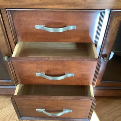 Bernhardt cabinet 3 drawer, 2 door with glass shelves 26â€H 56â€W 24â€ depth