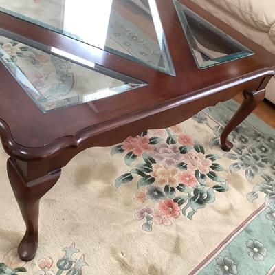 Wood & beveled glass coffee table 17â€H 51â€ x 37â€