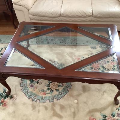 Wood & beveled glass coffee table 17â€H 51â€ x 37â€