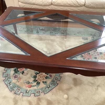 Wood & beveled glass coffee table 17â€H 51â€ x 37â€