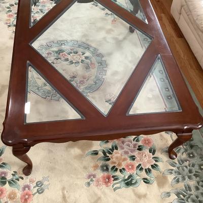Wood & beveled glass coffee table 17â€H 51â€ x 37â€