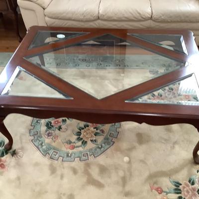 Wood & beveled glass coffee table 17â€H 51â€ x 37â€