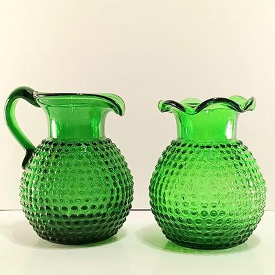 LOT 5: Hobnail Pitcher and Vase w/ Thumbprint Vase & Gourd-Shaped Pitcher