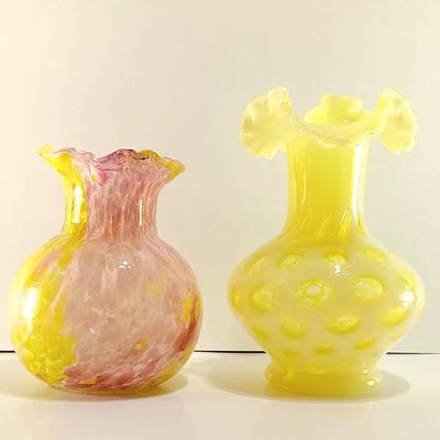 LOT 6: Uranium Glass Coin Dot Vase with Splatter Vase, Ruffled Edge Vase & Small Pitcher
