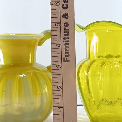 LOT 6: Uranium Glass Coin Dot Vase with Splatter Vase, Ruffled Edge Vase & Small Pitcher