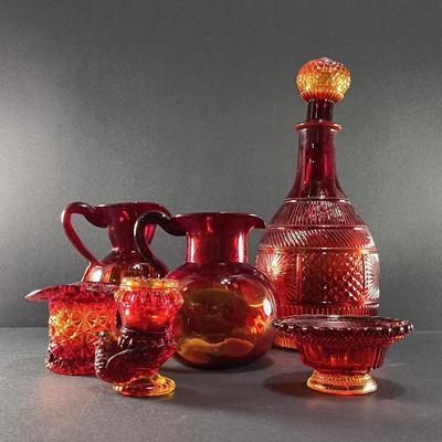 LOT 7: Amberina Glass Collection- Decanter, Pitchers, Hat and More