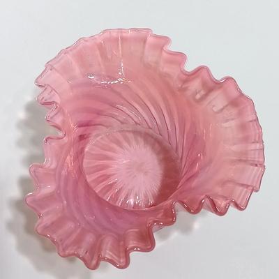 LOT 13: Cranberry Pink Swirl Vase with Ruffled Top Pitcher, Cranberry Lattice Pitcher and Crackle Glass Pitcher
