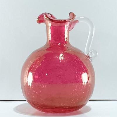 LOT 13: Cranberry Pink Swirl Vase with Ruffled Top Pitcher, Cranberry Lattice Pitcher and Crackle Glass Pitcher