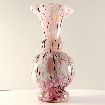 LOT 15: Ruffle Topped Splatter Vase with Opalescent Cranberry Hobnail Cruet and a Set of Etched Floral Glass