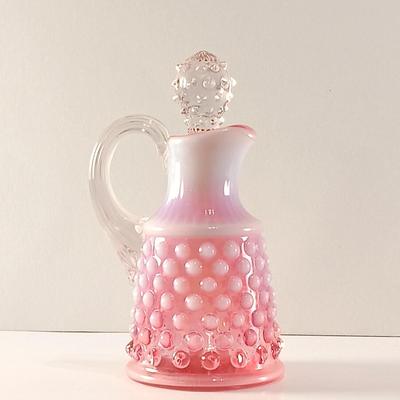 LOT 15: Ruffle Topped Splatter Vase with Opalescent Cranberry Hobnail Cruet and a Set of Etched Floral Glass