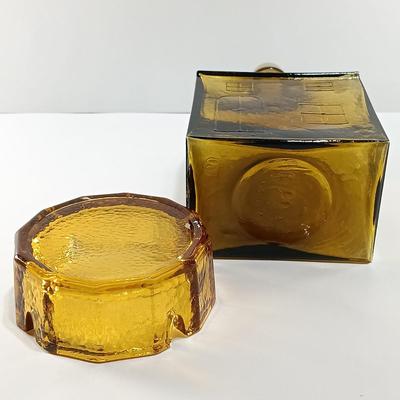 LOT 17: Set of 6 Smith Amber Glass Tumblers with an E.G. Booz's Old Cabin Whiskey Bottle and Ashtray