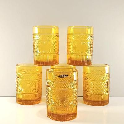 LOT 17: Set of 6 Smith Amber Glass Tumblers with an E.G. Booz's Old Cabin Whiskey Bottle and Ashtray